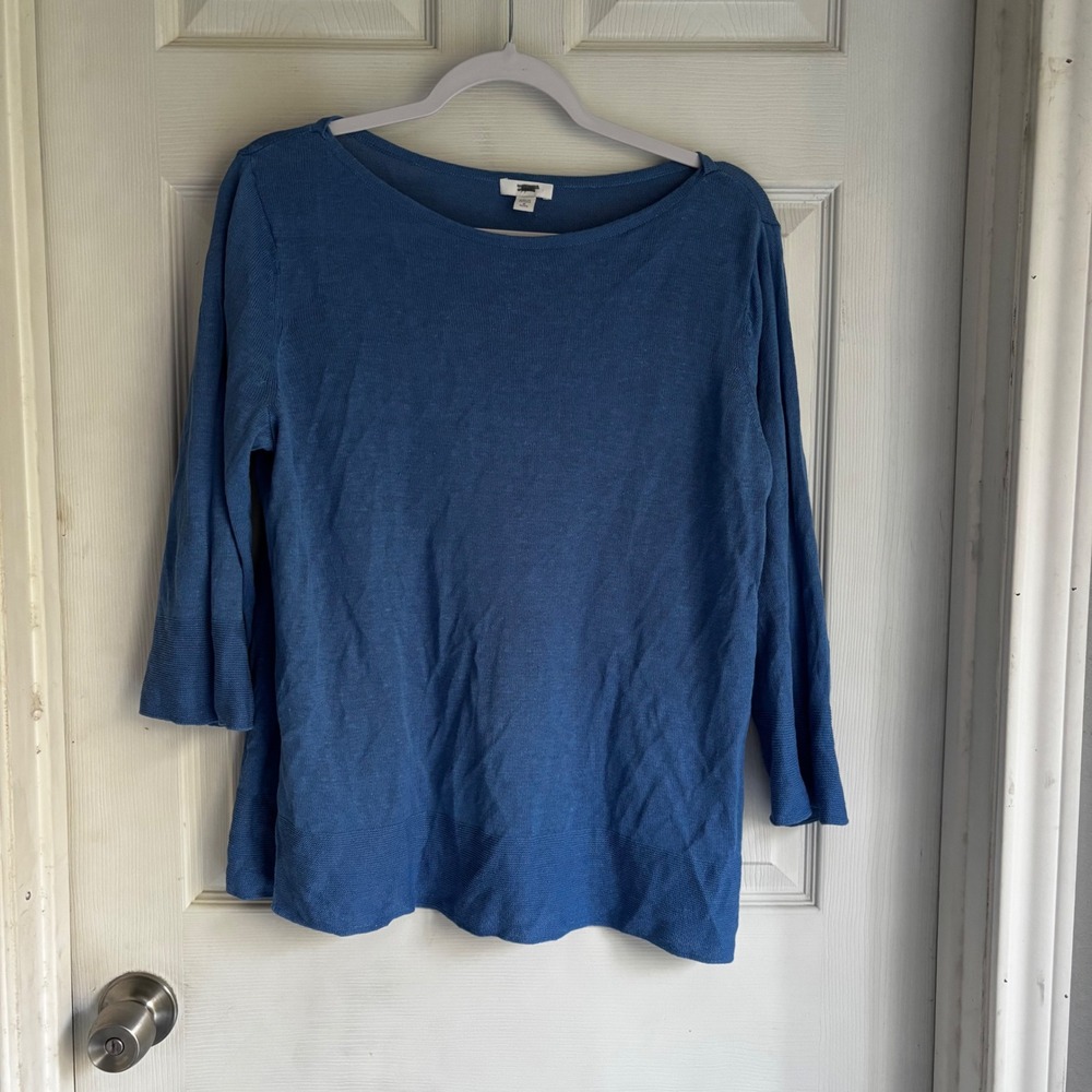J.Jill Blue Petite Linen Blend 3/4 Sleeve‎ Sweater Top M natural minimalist